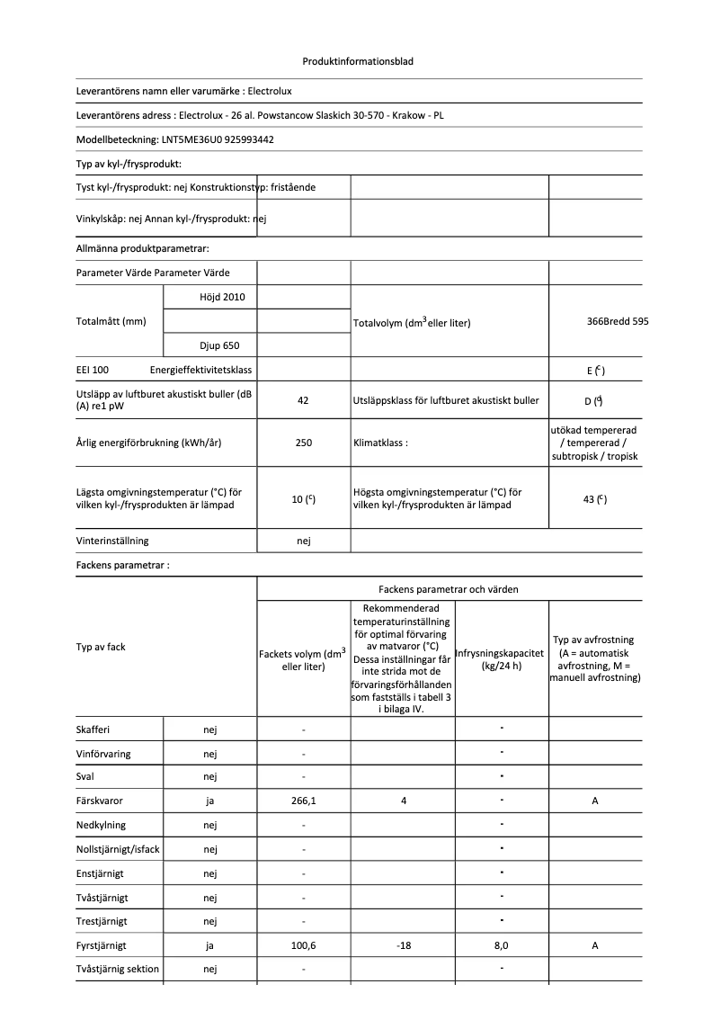 Page 1 de la notice Fiche technique Electrolux LNT5ME36U0