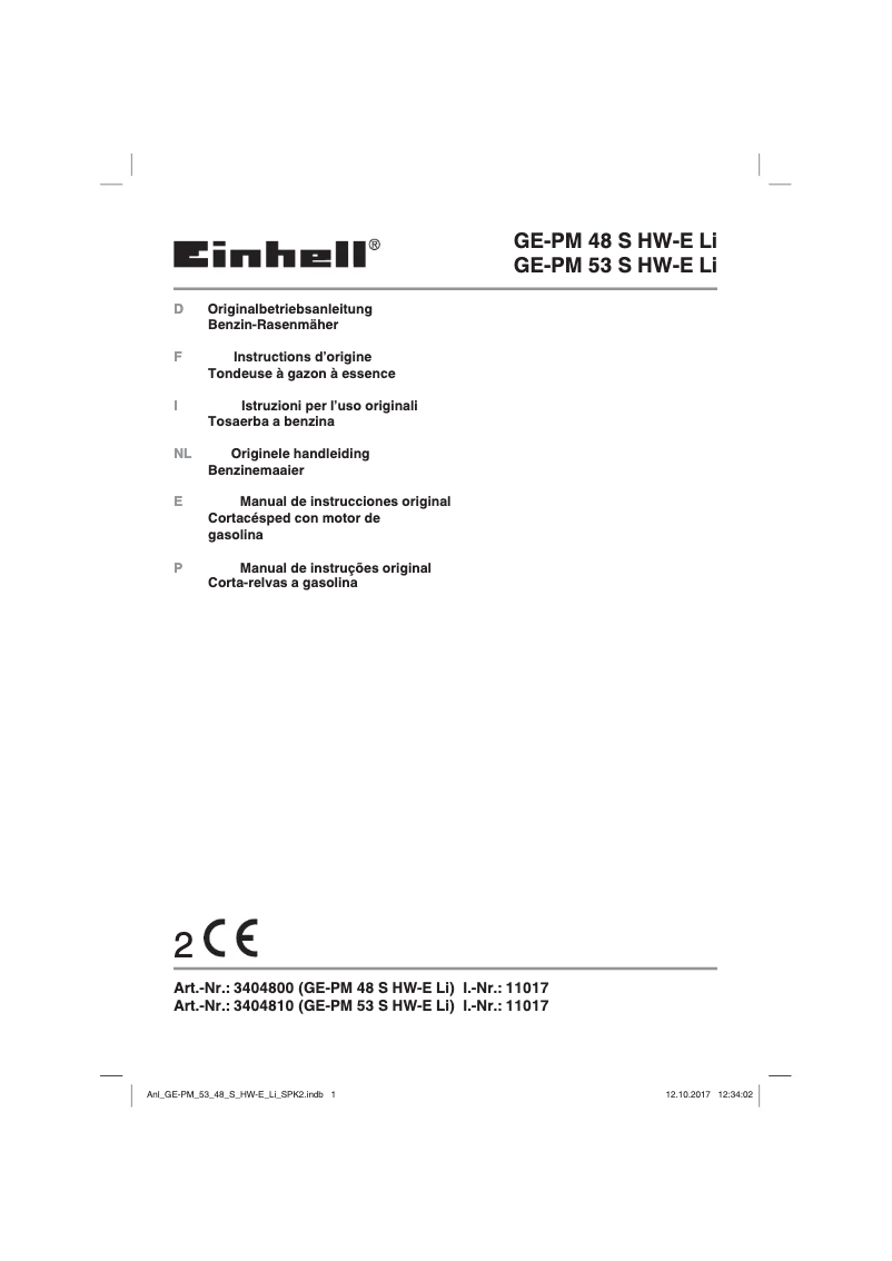 Page 1 de la notice Manuel utilisateur Einhell GE-PM 53 S-HW E Li