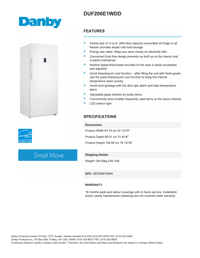 Page 1 de la notice Fiche technique Danby DUF206E1