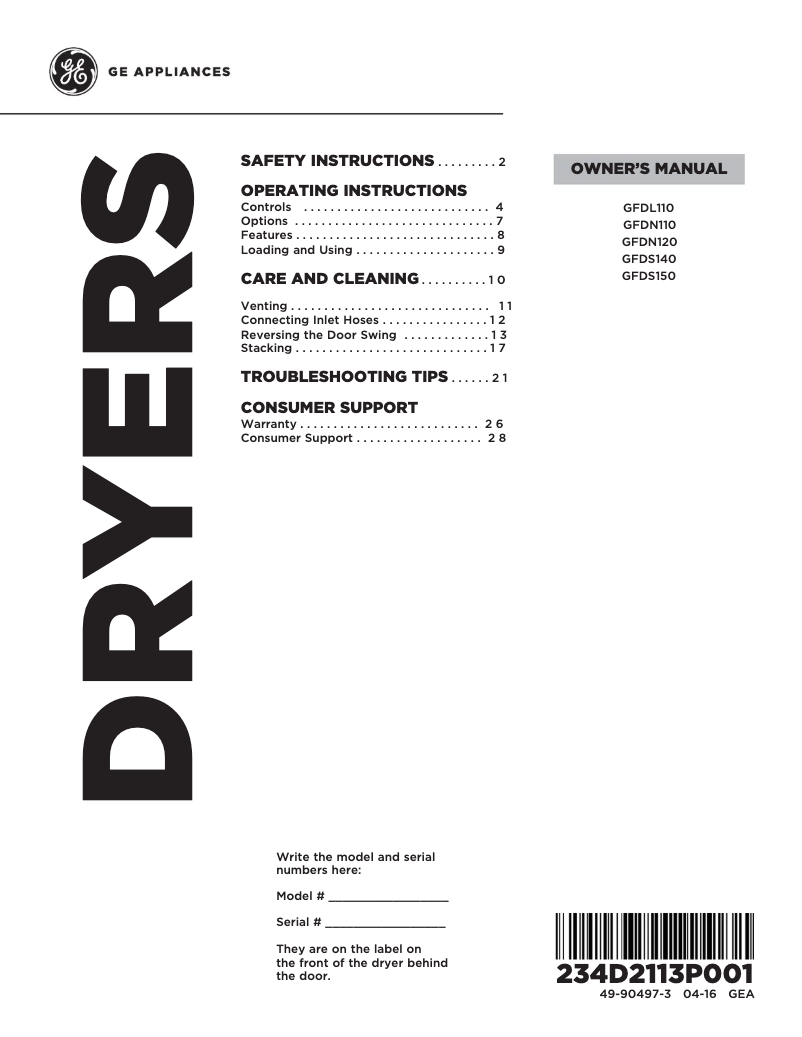 Page 1 de la notice Manuel d'utilisation et d'entretien GE GFDS140EDWW