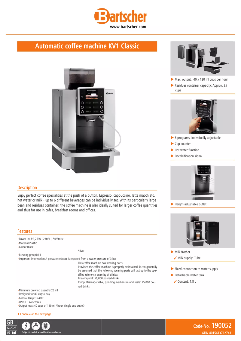 Page n°1 - Fiche technique Bartscher KV1 Classic