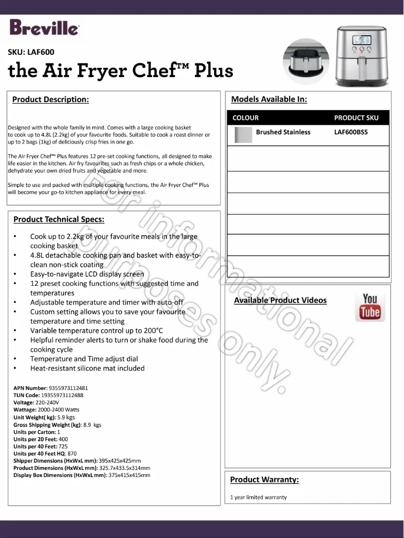 Page 1 de la notice Fiche technique Breville the Air Fryer Chef Plus LAF600