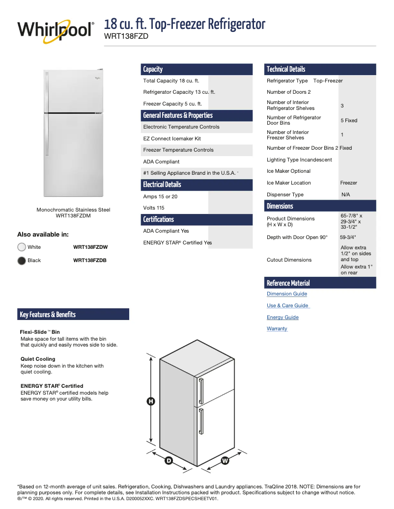 Page 1 de la notice Fiche technique Whirlpool WRT138FZDW