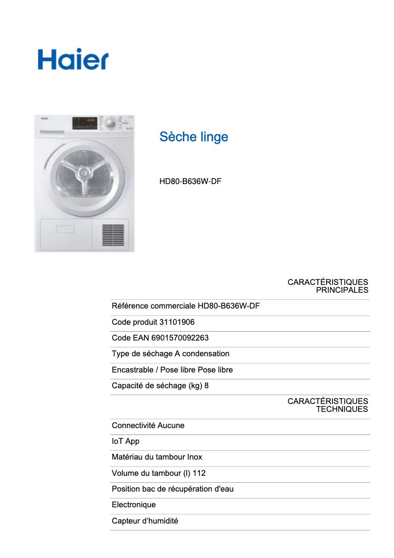 Page 1 de la notice Fiche technique Haier HD80-B636W