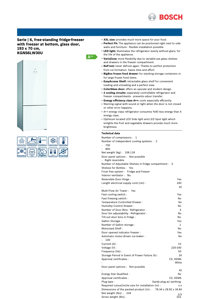 Página 1 del manual Ficha técnica Bosch KGN56LW30U
