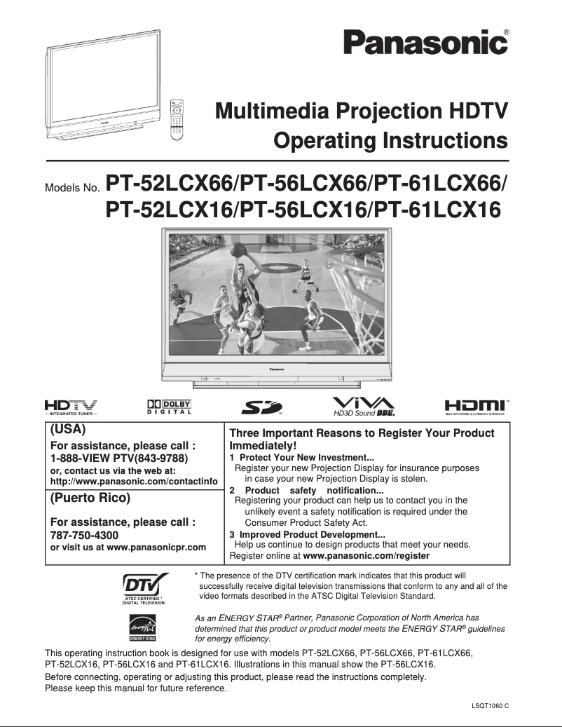 Page 1 de la notice Manuel utilisateur Panasonic PT-61LCX66