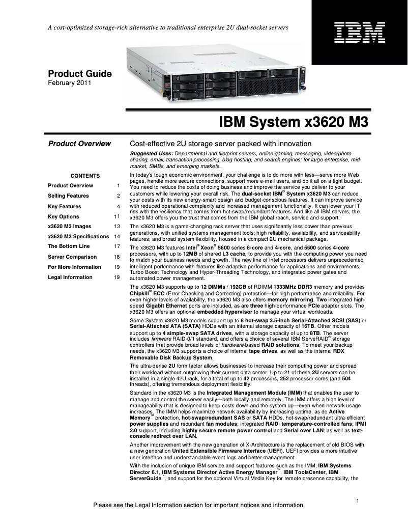 Page n°1 - Manuel utilisateur IBM System x x3620 M3