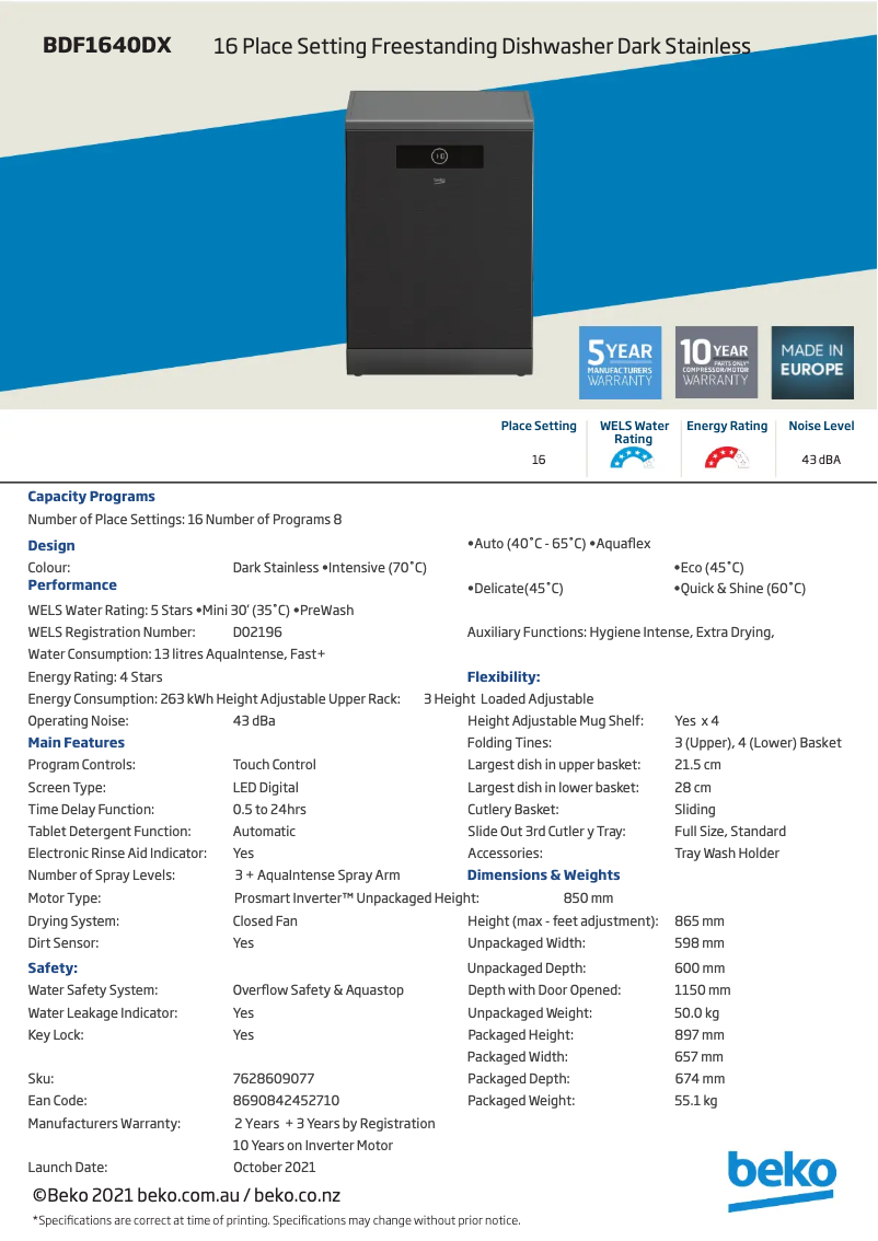 Page 1 de la notice Fiche technique Beko BDF1640DX