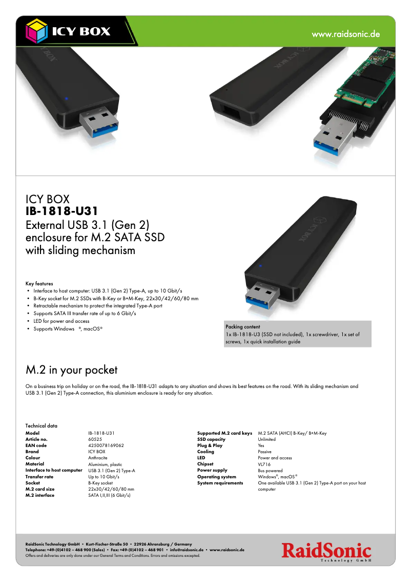 Page 1 de la notice Fiche technique Icy Box IB-1818-U31