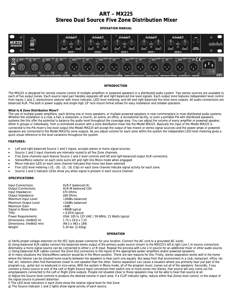 Page n°1 - Manuel utilisateur ART MX225