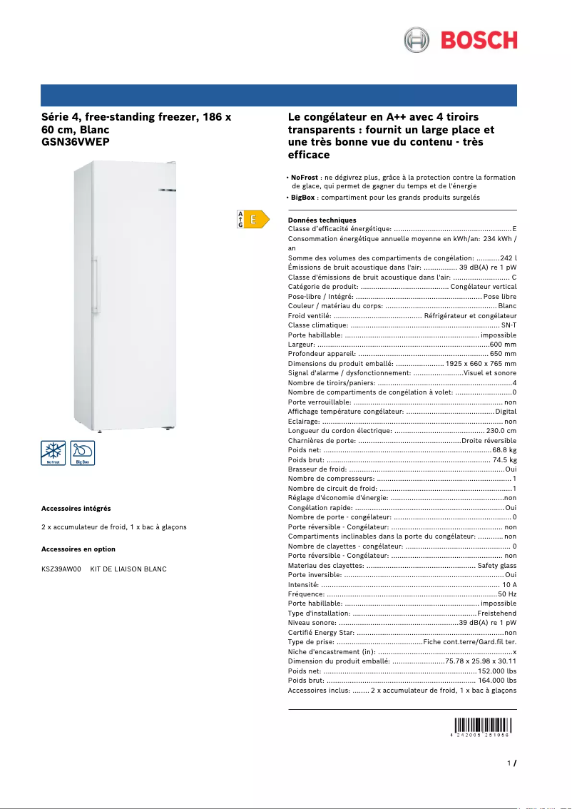 Page 1 de la notice Fiche technique Bosch GSN36VWEP