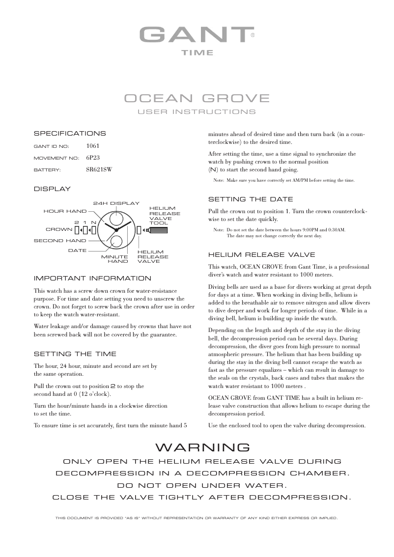 Page n°1 - Manuel utilisateur Gant Ocean Grove 1061