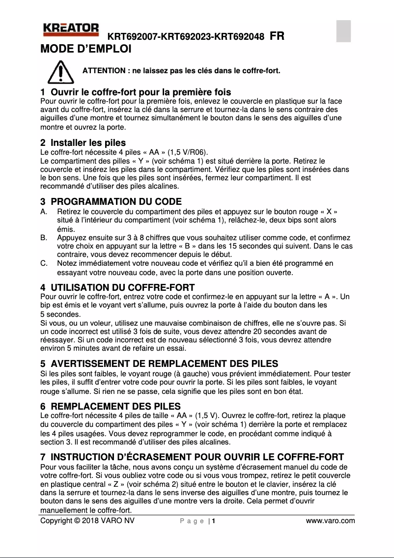 Page n°1 - Manuel utilisateur Kreator KRT692007