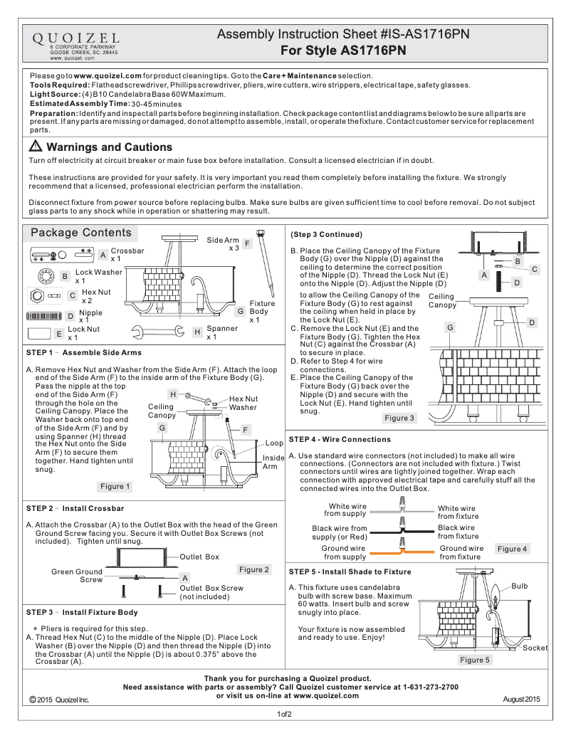 Page n°1 - Manuel utilisateur Quoizel Aristocrat AS1716PN