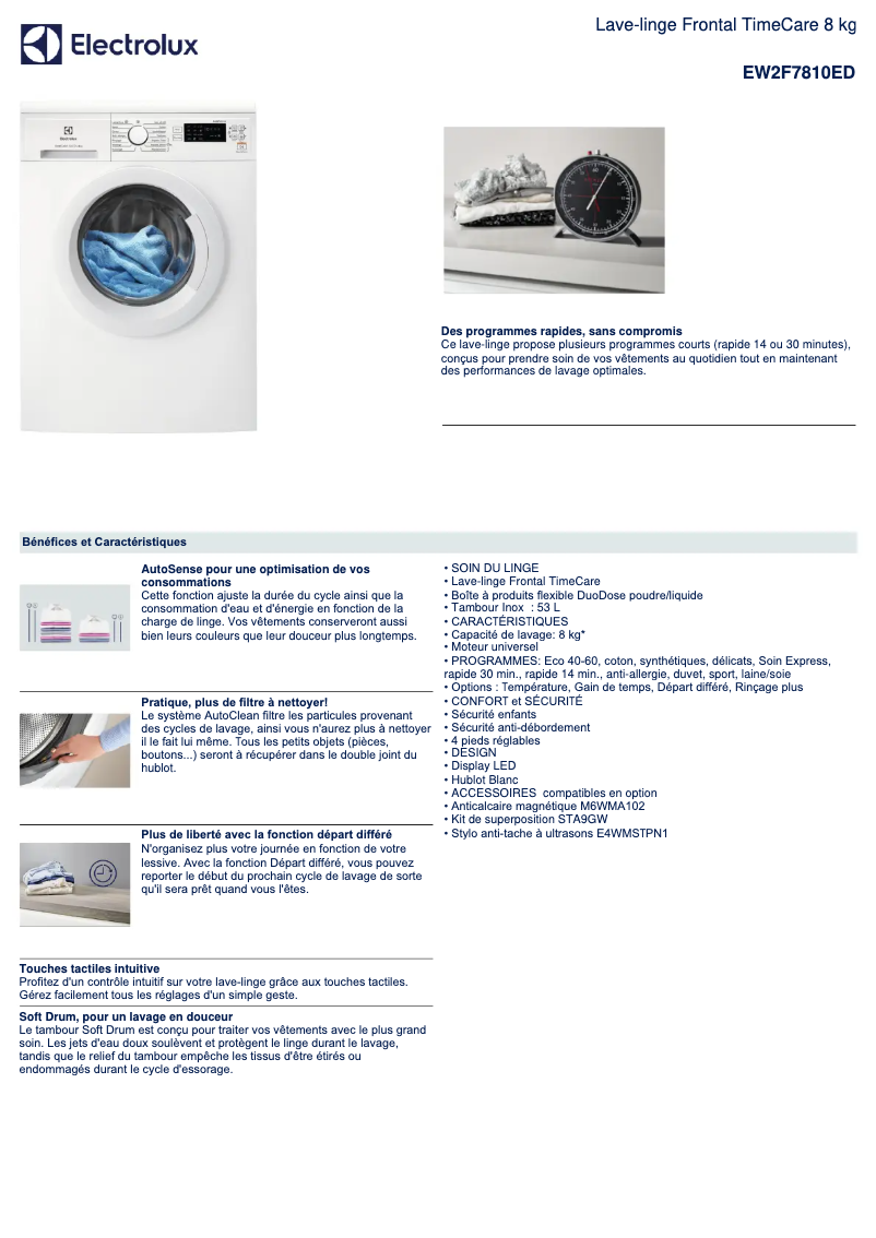 Page 1 de la notice Fiche technique Electrolux EW2F7810ED