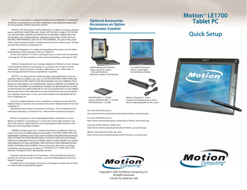 Page n°1 - Manuel utilisateur Motion Computing LE1700