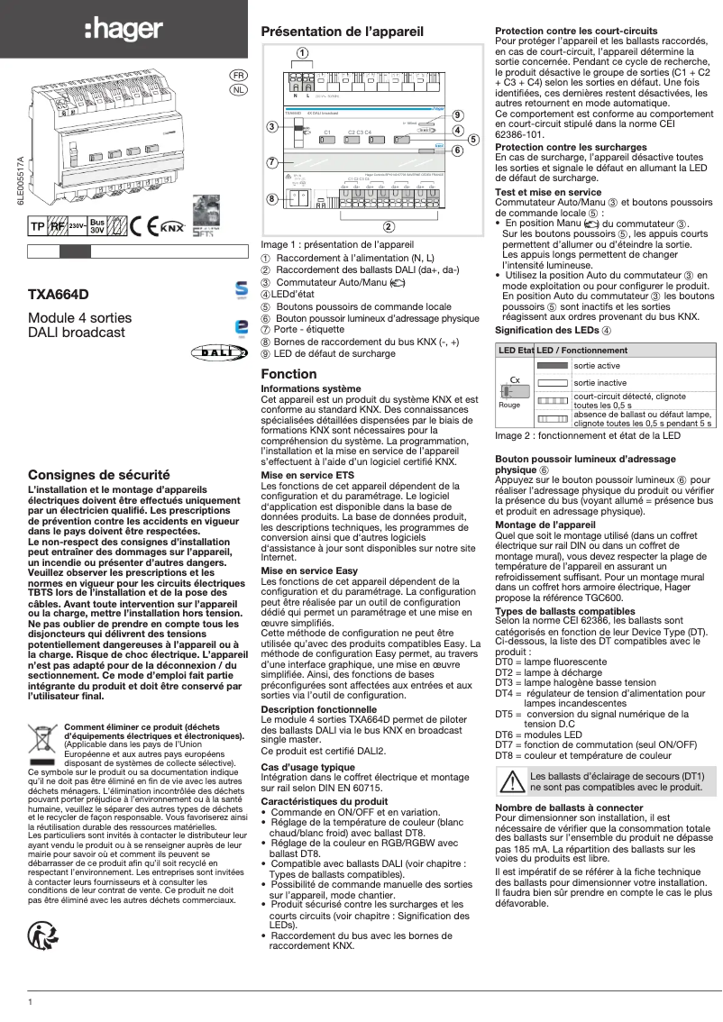 Page 1 de la notice Instructions / montage Hager TXA664D