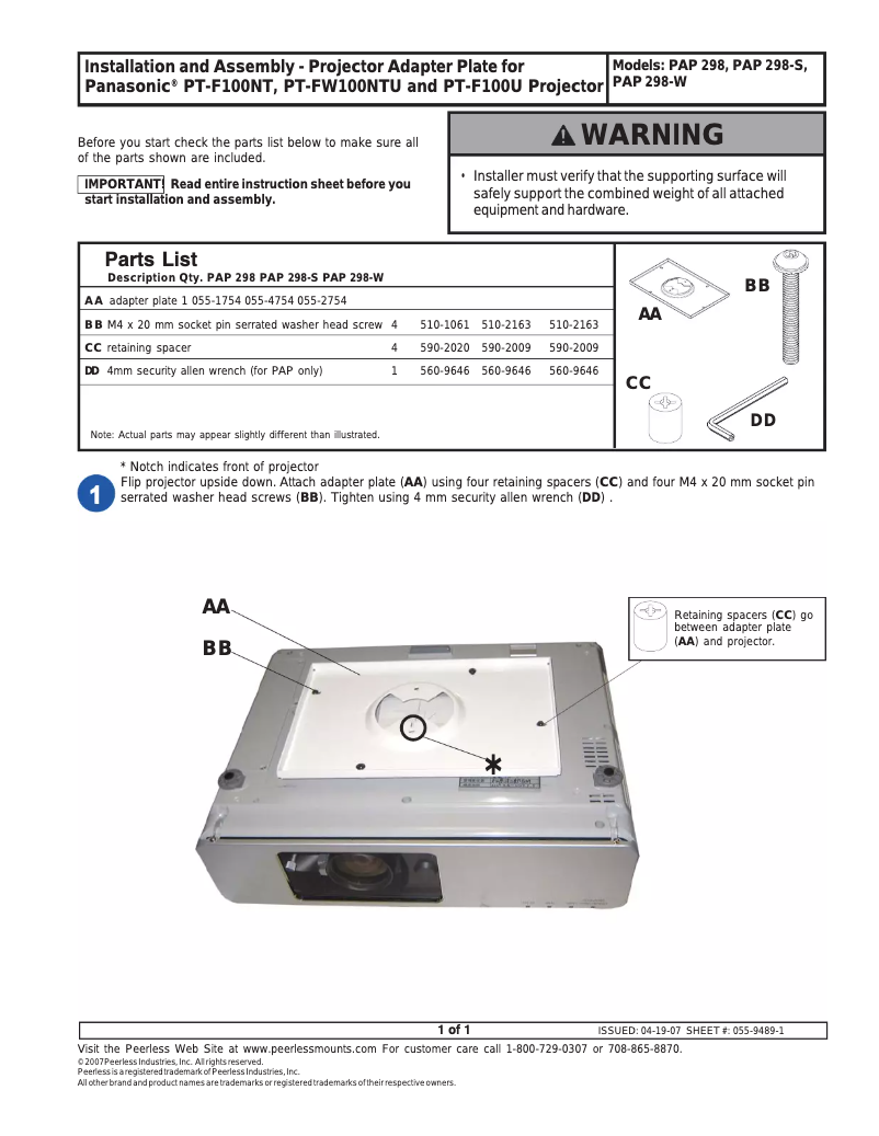 Page 1 de la notice Manuel utilisateur Peerless-AV PAP-298