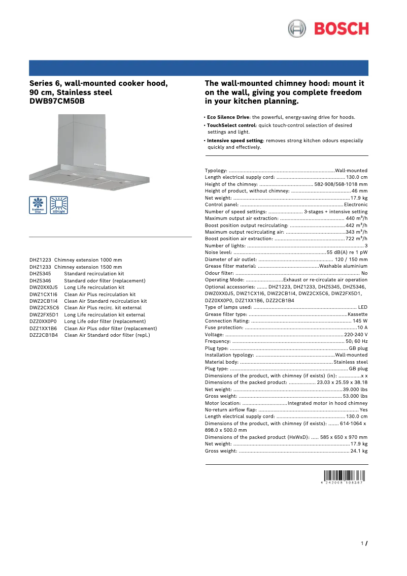 Page 1 de la notice Fiche technique Bosch DWB97CM50B