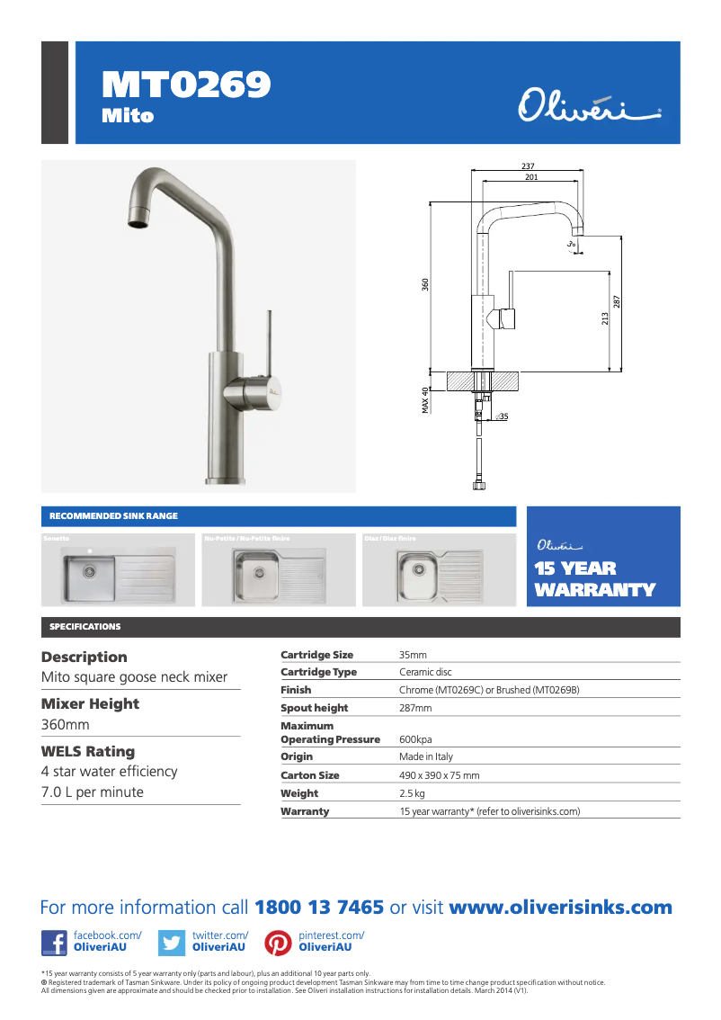 Página 1 del manual Ficha técnica Oliveri MT0269