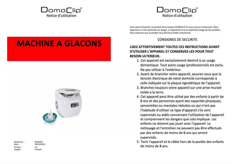 Page 1 de la notice Manuel utilisateur Domoclip DOM259