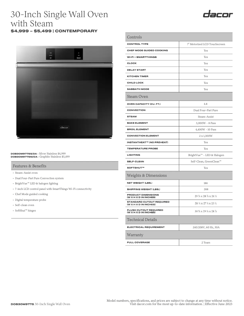 Page 1 de la notice Fiche technique Dacor DOB30M977SS