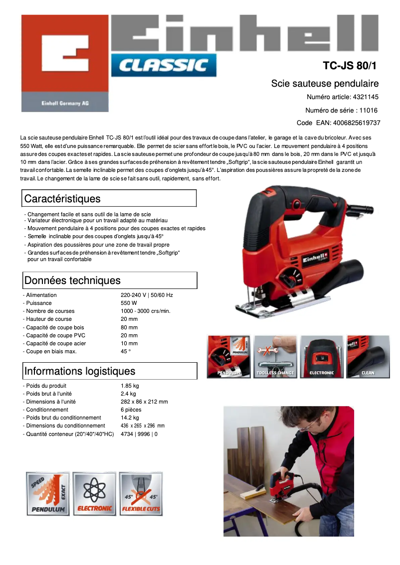 Page 1 de la notice Fiche technique Einhell TC-JS 80/1