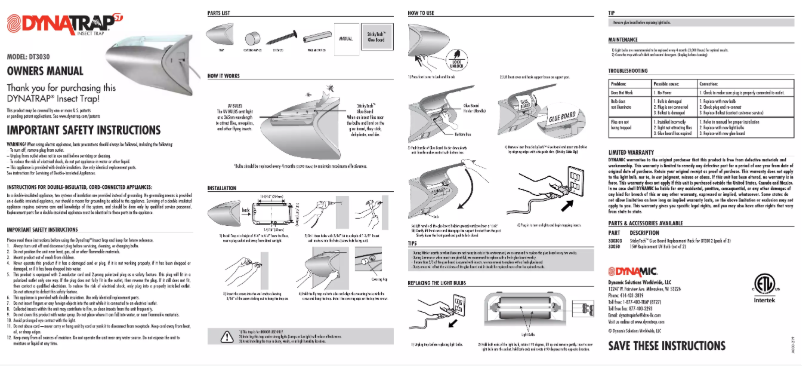 Page n°1 - Manuel utilisateur Dynatrap DT3030
