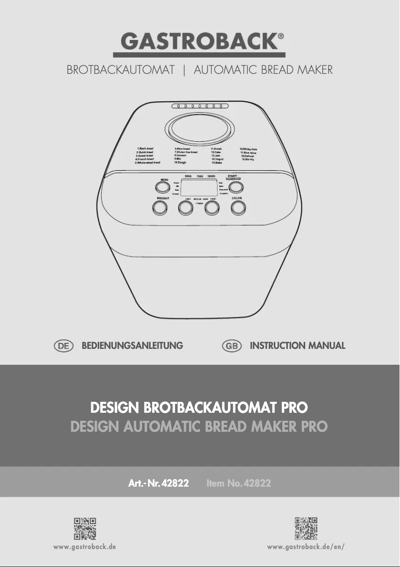 Page 1 de la notice Manuel utilisateur Gastroback Design Pro 42822