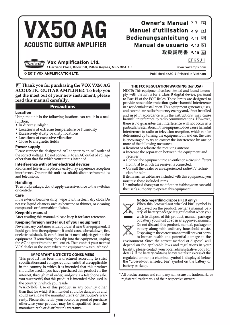 Page 1 de la notice Manuel utilisateur VOX VX50 AG
