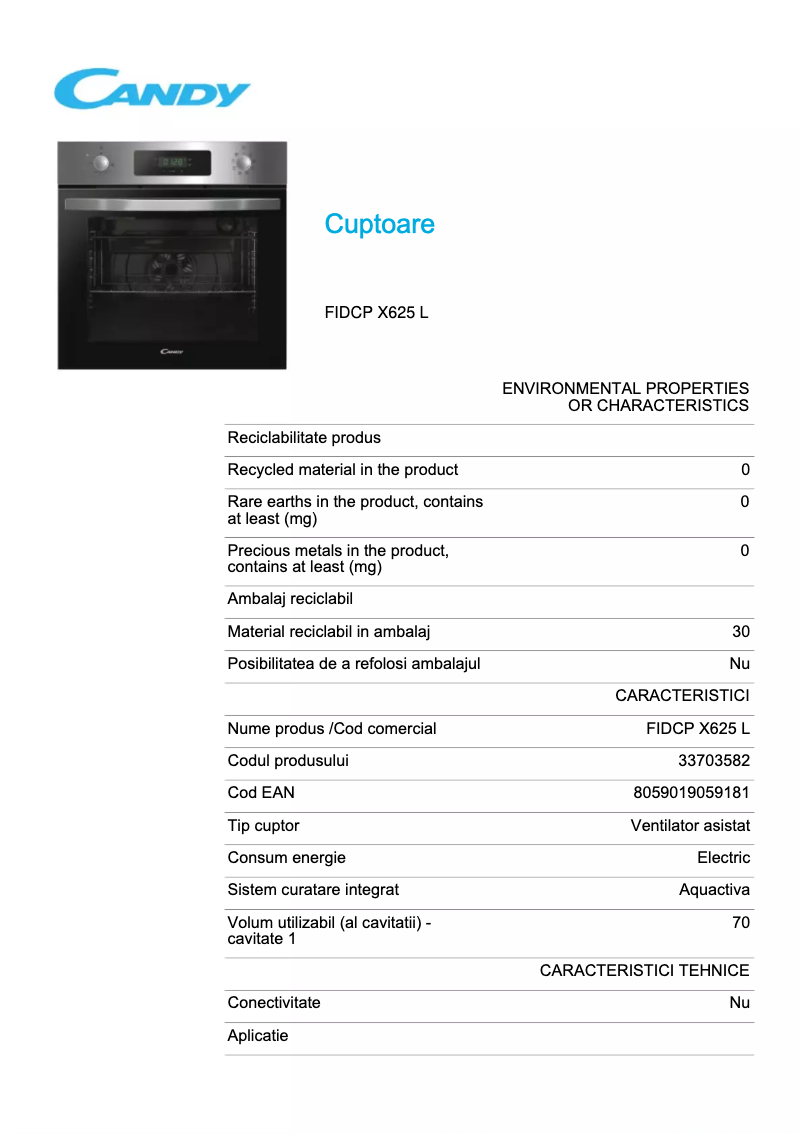 Page n°1 - Fiche technique Candy FIDCP X625 L
