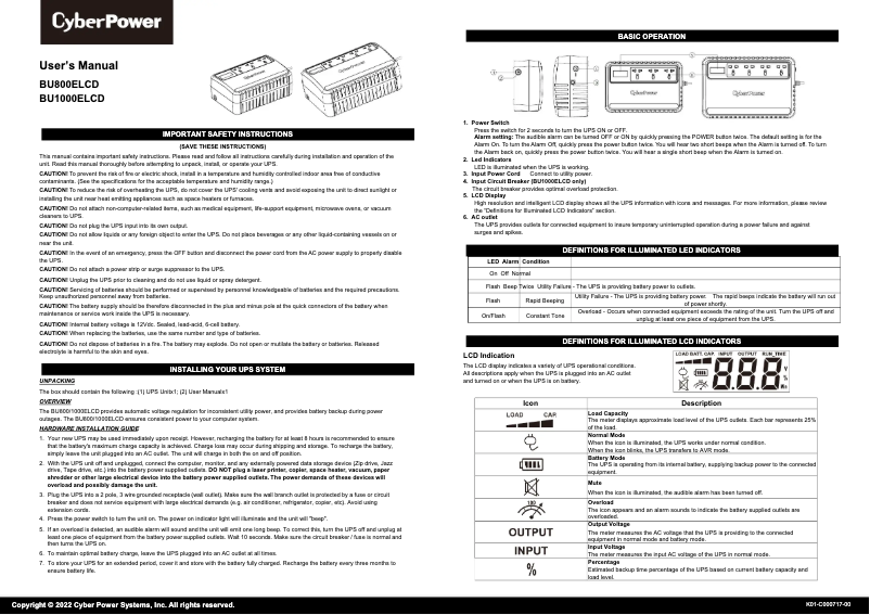 Page 1 de la notice Manuel utilisateur CyberPower BU800ELCD