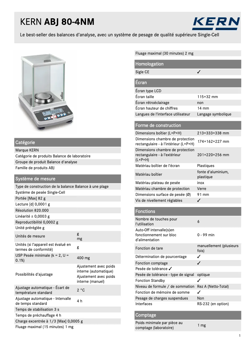 Page 1 de la notice Fiche technique Kern ABJ 80-4NM
