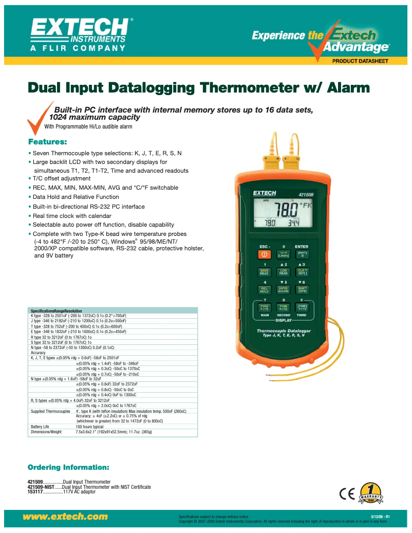 Page 1 de la notice Fiche technique Extech 421509