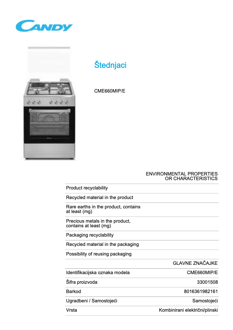 Page n°1 - Fiche technique Candy CME660MIP/E