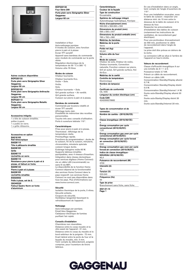 Page 1 de la notice Fiche technique Gaggenau BOP220132