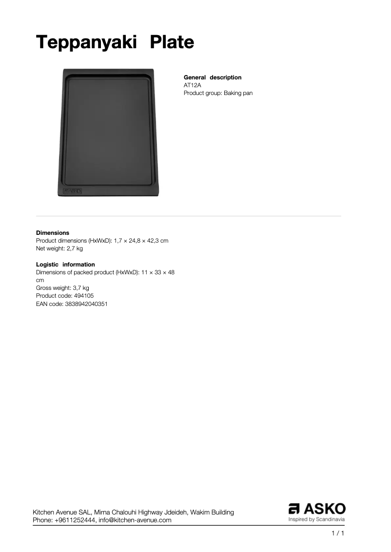 Page 1 de la notice Fiche technique Asko AT12A