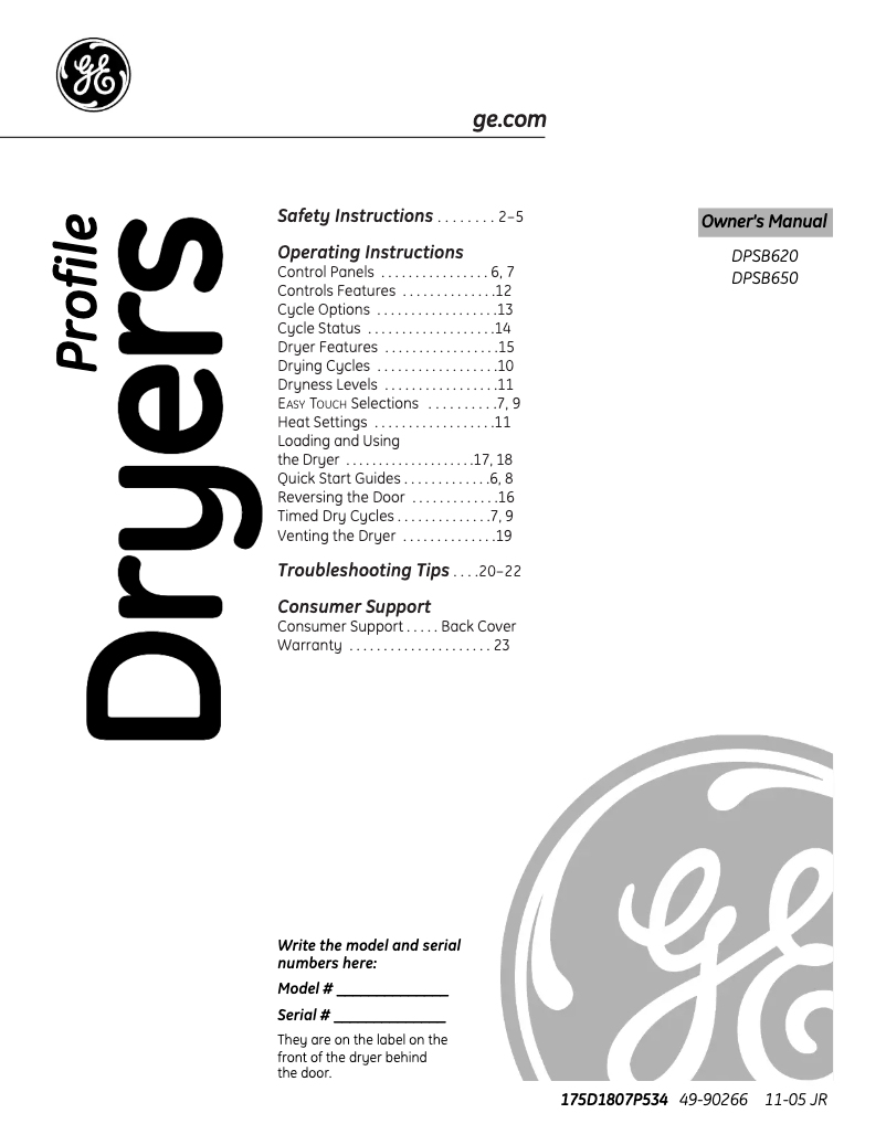 Page n°1 - Manuel d'utilisation et d'entretien GE Profile DPSB620ECCC