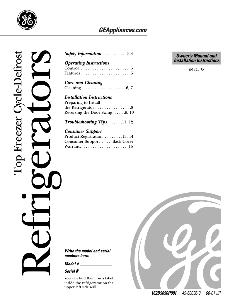 Page n°1 - Guide d'installation GE GFR12AAMRWW