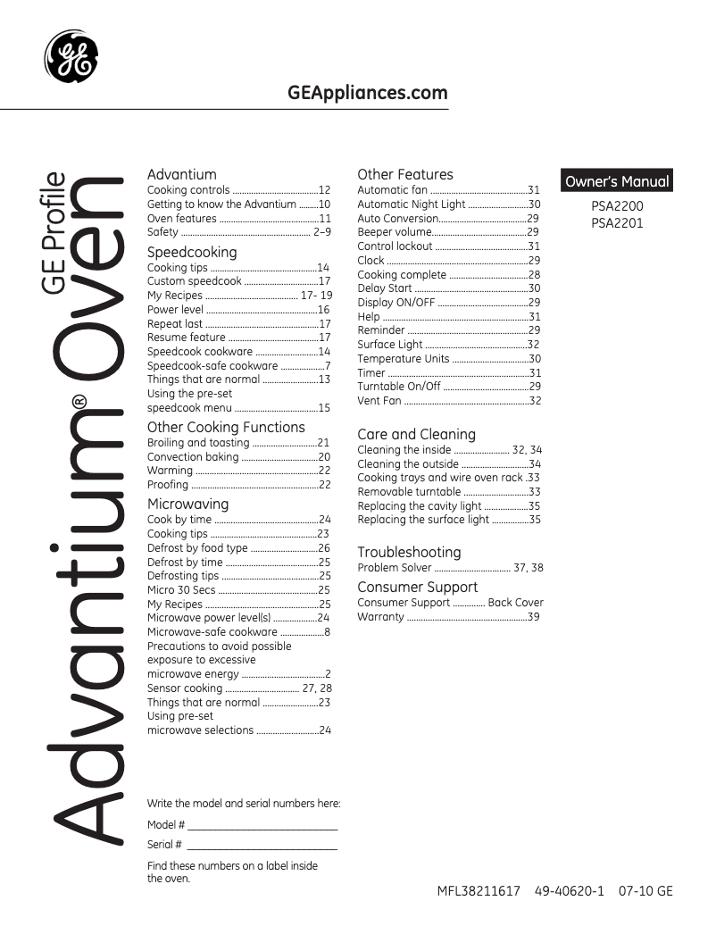 Page 1 de la notice Manuel utilisateur GE Advantium PSA2200