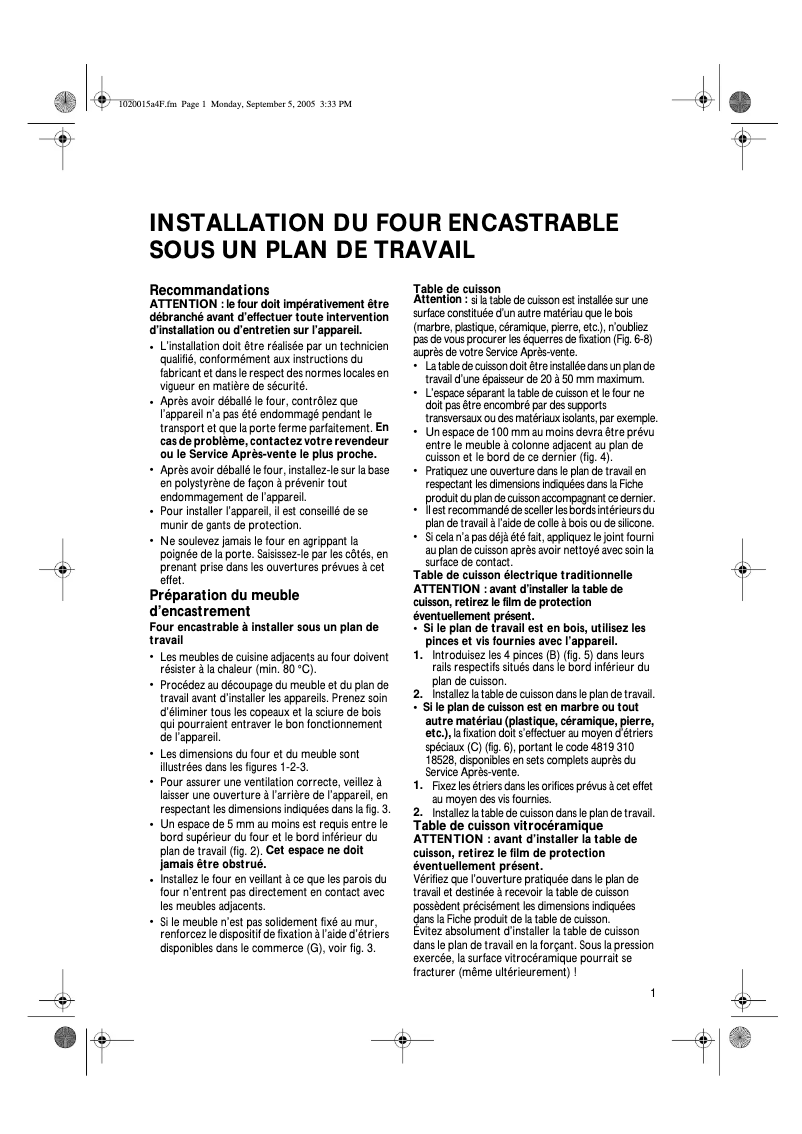 Page 1 de la notice Manuel utilisateur Whirlpool AKZ 586 IX