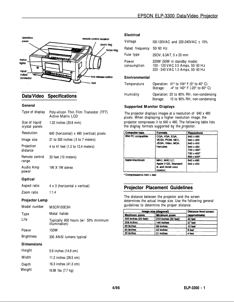 Page 1 de la notice Fiche technique Epson ELP-3300