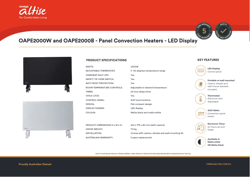 Page 1 de la notice Fiche technique Omega Altise OAPE2000W