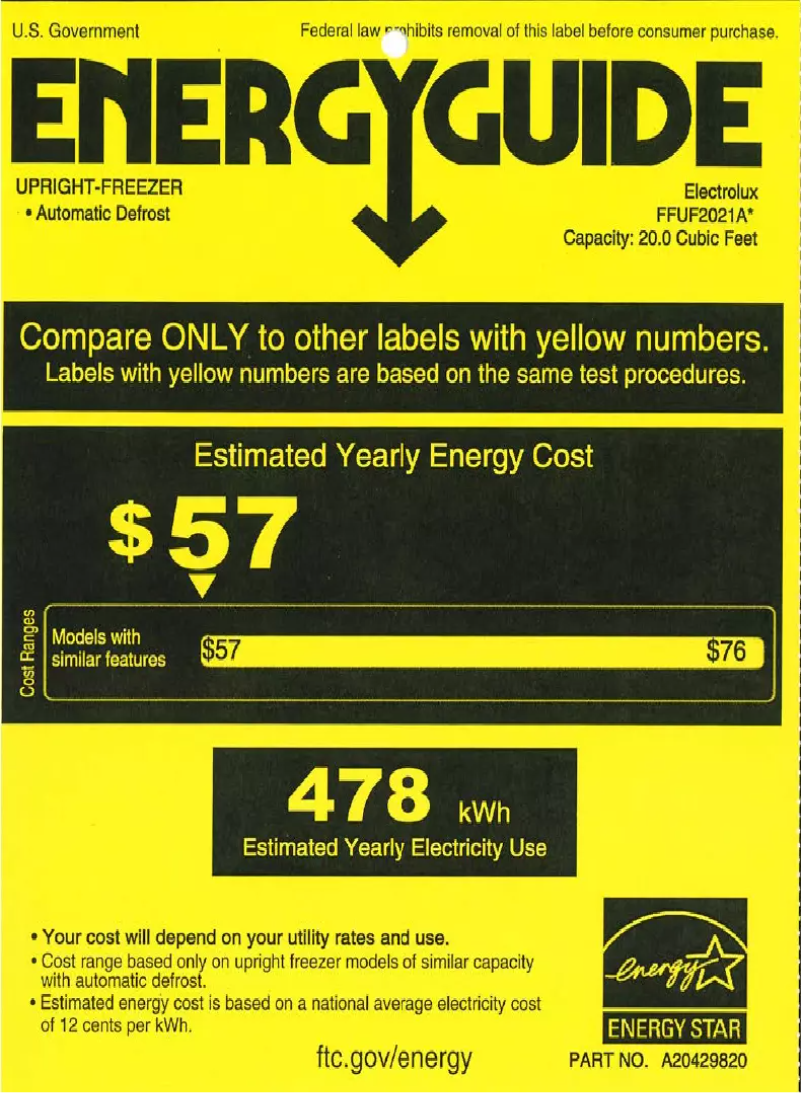 Page 1 de la notice Label énergétique Frigidaire FFUF2021AW