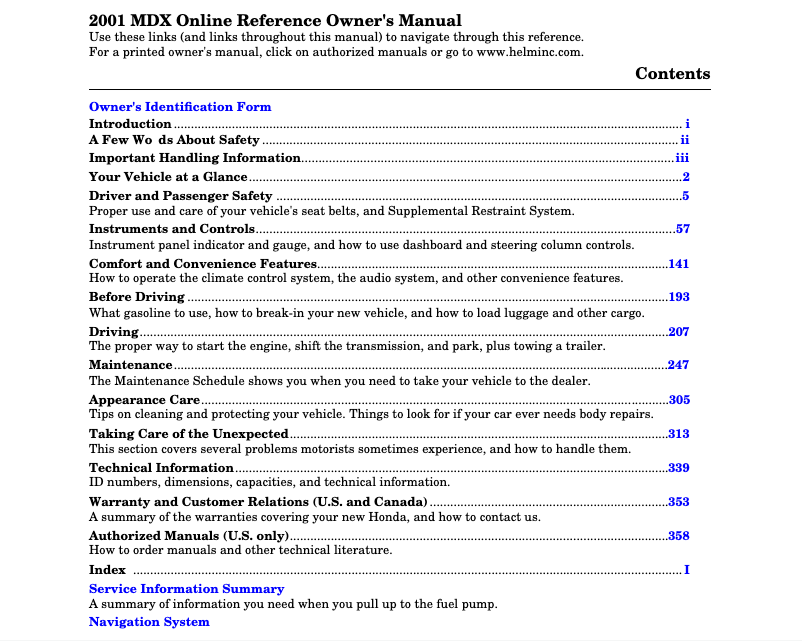 Page 1 de la notice Manuel utilisateur Honda MDX (2001)