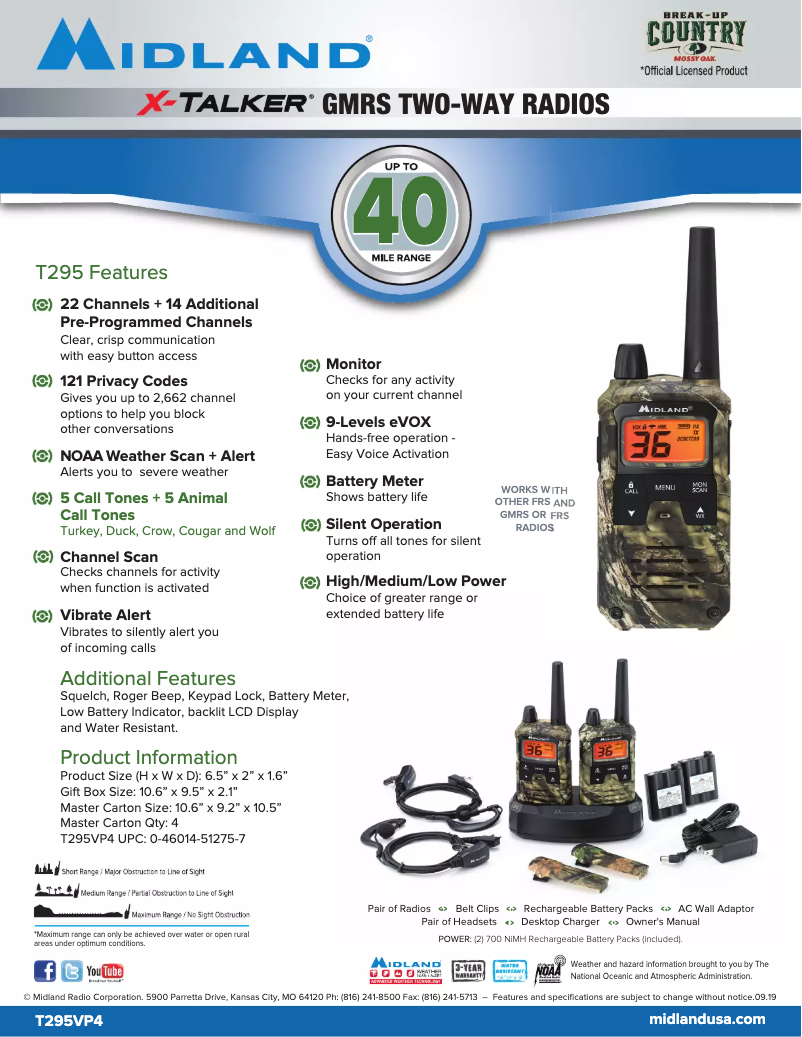 Page 1 de la notice Fiche technique Midland X-Talker T295VP4