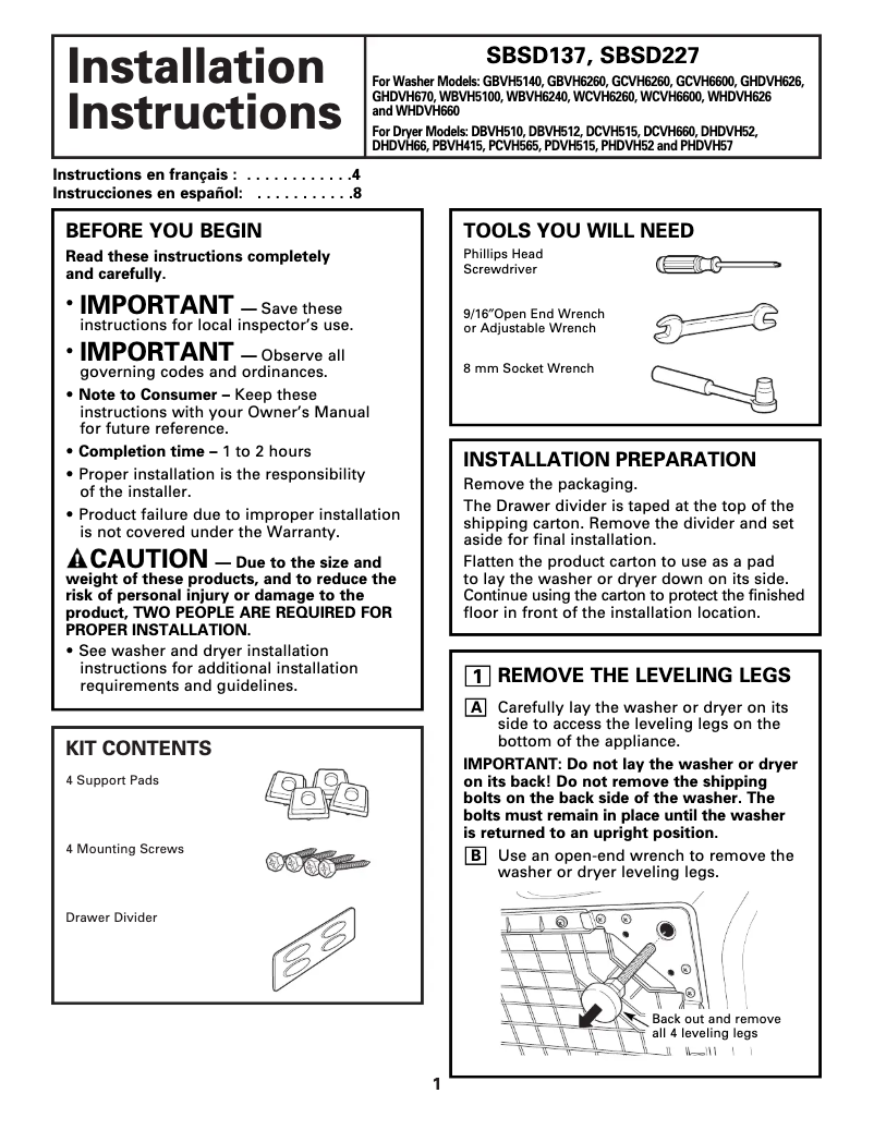 Page n°1 - Manuel utilisateur GE SBSD227FWW