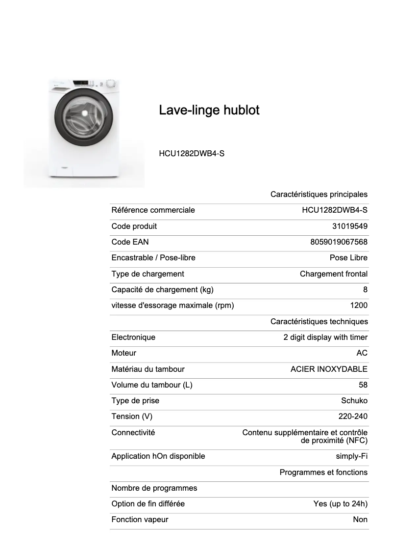 Image de la première page du manuel de l'appareil HCU1282DWB4-S