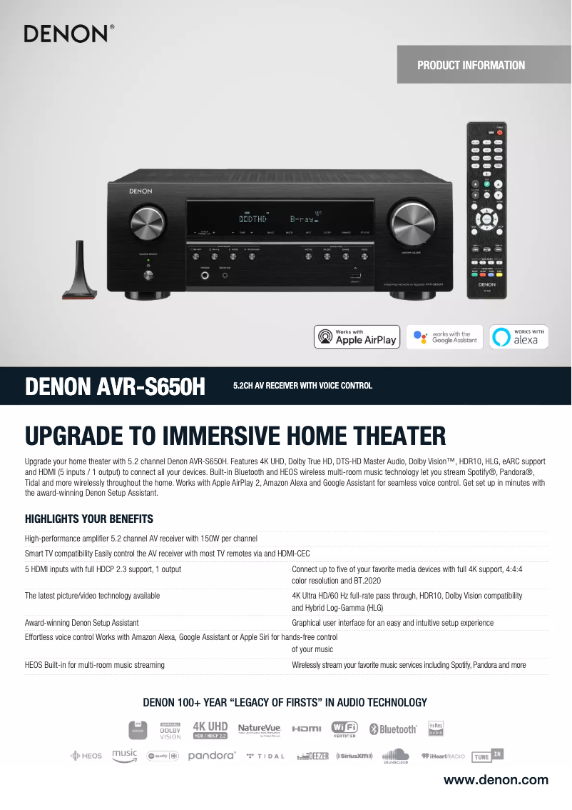 Page 1 de la notice Fiche technique Denon AVR-S650H-R
