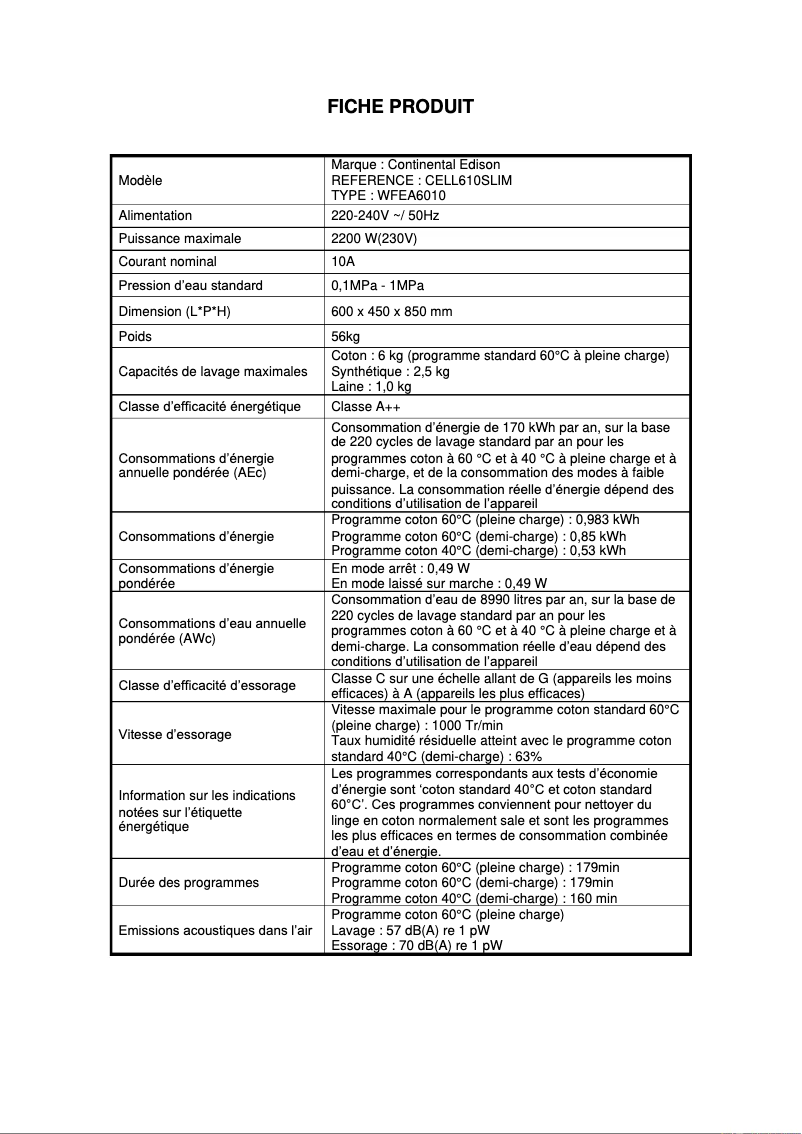 Page 1 de la notice Label énergétique Continental Edison CELL610SLIM